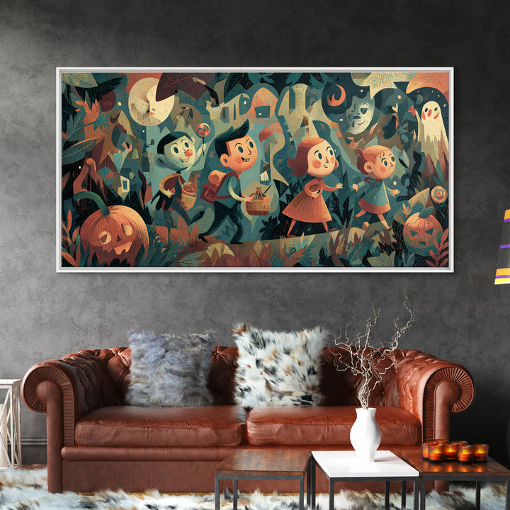 The Candy Map Adventurers, Screenprint Halloween Art, Wide Panoramic Art, Framed Canvas Print, Cute Halloween Wall Art