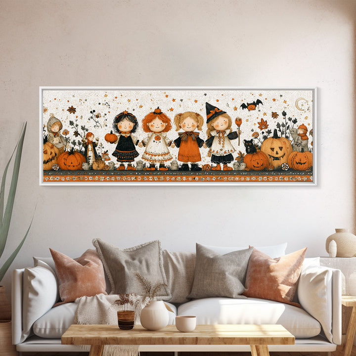 The Halloween Friendship Spell, Folk Halloween Art, Extra Wide Wall Art, Canvas Print, Cute Halloween Wall Art