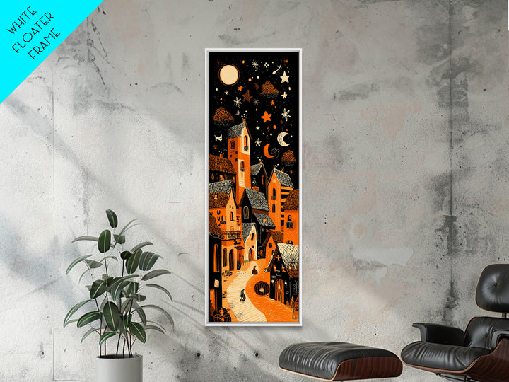 Candy Corn Village, Linocut Halloween Art, Tall Narrow Wall Art, Framed Canvas Print, Cute Halloween Wall Art