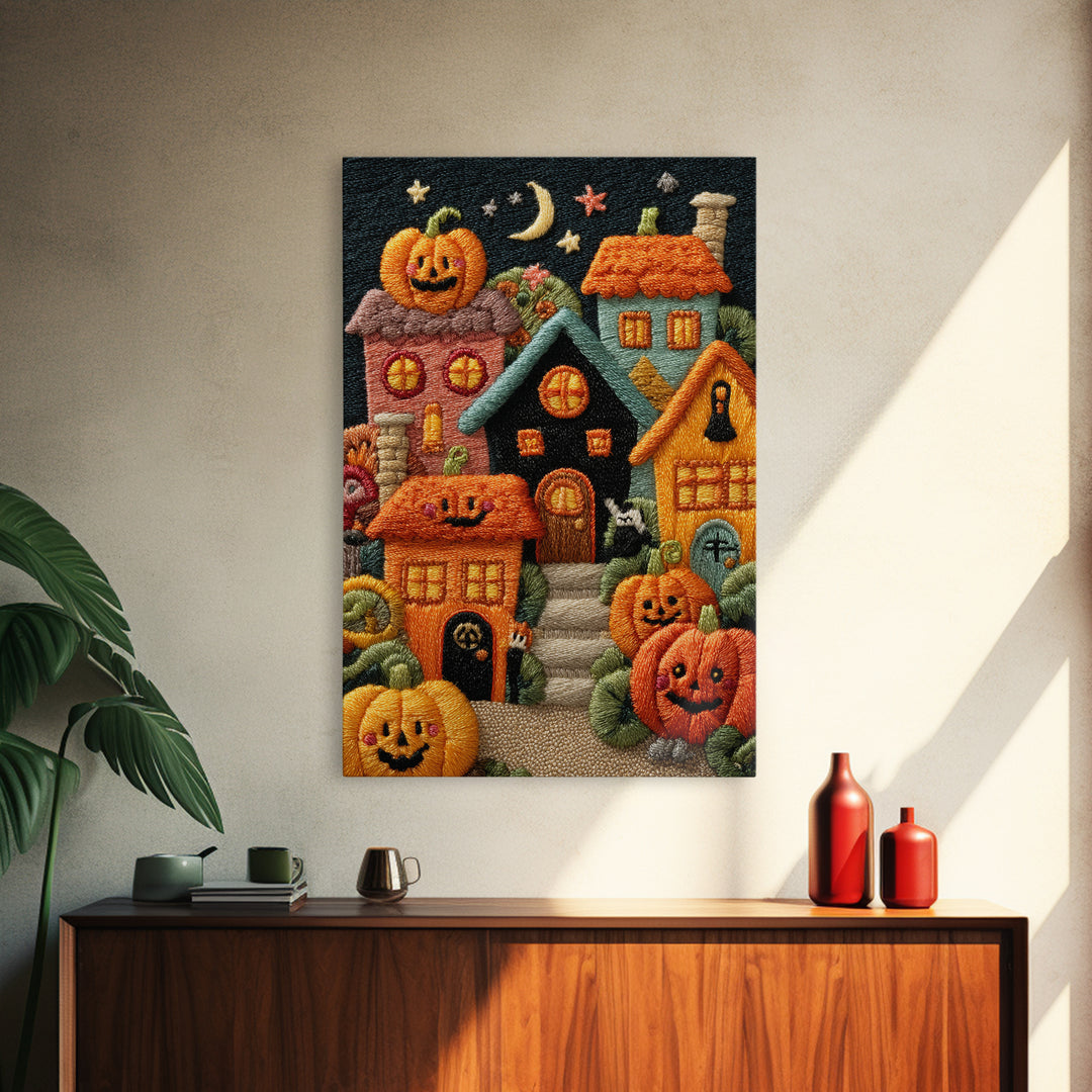 Pumpkin Cottage Lane, Embroidered Halloween Art, Vertical Wall Art, Canvas Print, Cute Halloween Wall Art