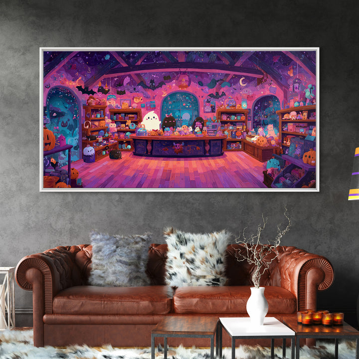 The Moonlight Toy Shop, Vaporwave Halloween Art, Wide Panoramic Art, Framed Canvas Print, Cute Halloween Wall Art