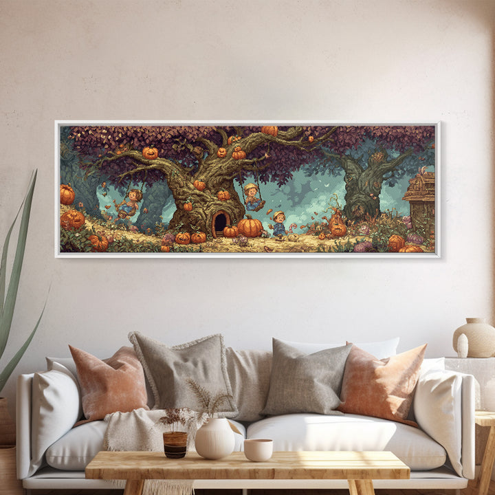 The Pumpkin Patch Playground, Pixel Halloween Art, Extra Wide Wall Art, Canvas Print, Cute Halloween Wall Art