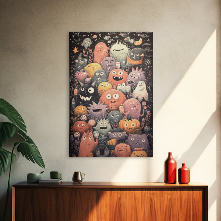 The Little Monster School, Hand Sketch Halloween Art, Vertical Wall Art, Canvas Print, Cute Halloween Wall Art