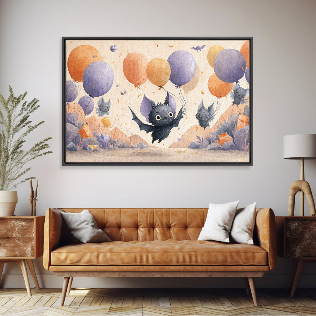 The Bat Balloon Factory, Watercolor Halloween Art, Landscape Wall Art, Framed Canvas Print, Cute Halloween Wall Art