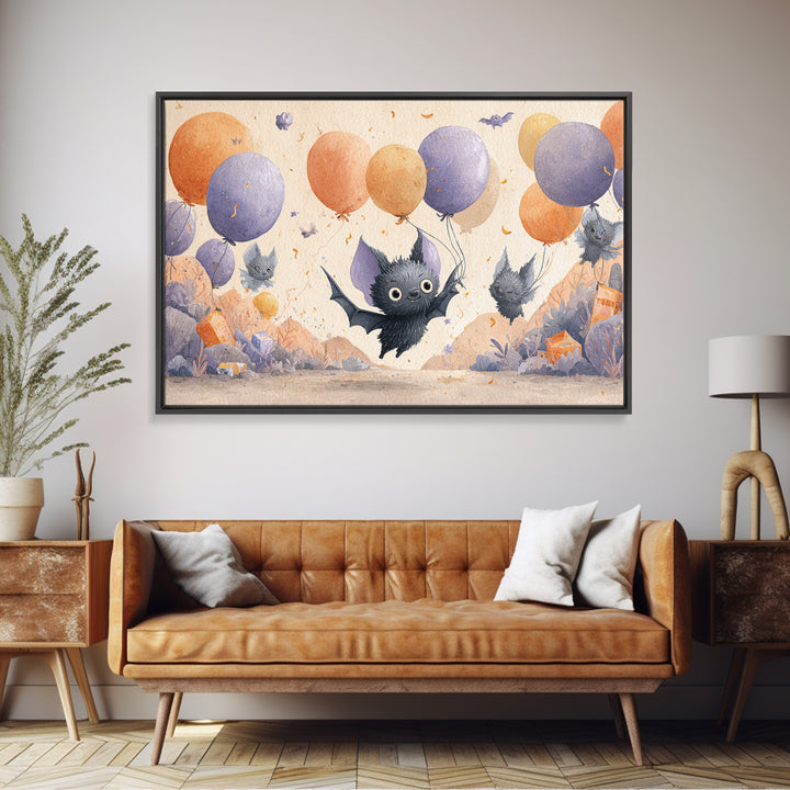 The Bat Balloon Factory, Watercolor Halloween Art, Landscape Wall Art, Framed Canvas Print, Cute Halloween Wall Art