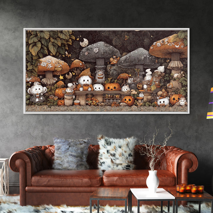 The Friendly Forest Cafe, Crayon Halloween Art, Wide Panoramic Art, Framed Canvas Print, Cute Halloween Wall Art
