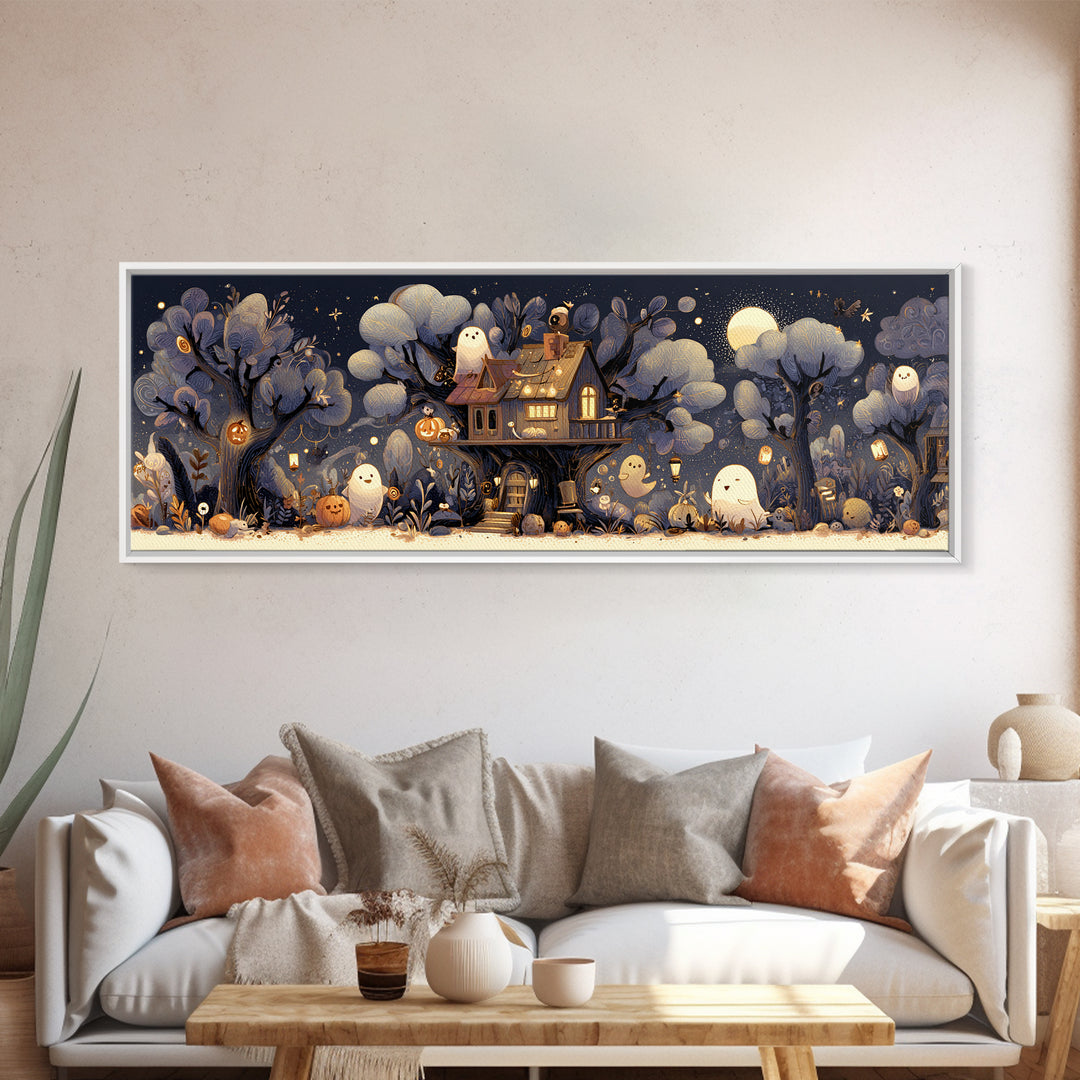 The Ghostly Treehouse, Pastel Halloween Art, Extra Wide Wall Art, Canvas Print, Cute Halloween Wall Art