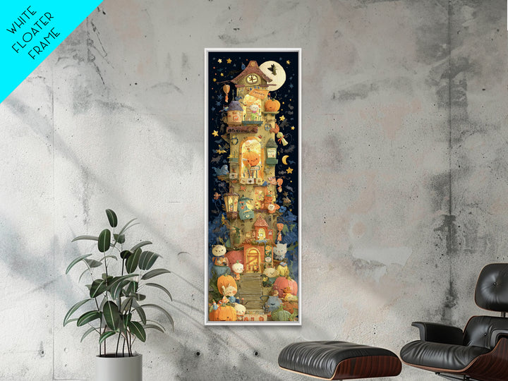 The Pumpkin Train Station, Paper Collage Halloween, Tall Narrow Wall Art, Framed Canvas Print, Cute Halloween Wall Art