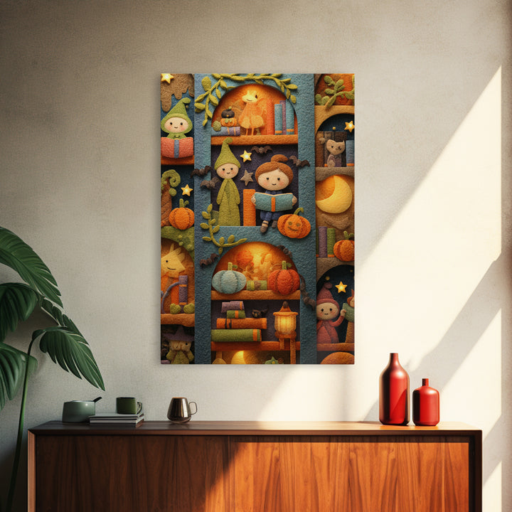 The Moonbeam Library, Felt Halloween Art, Vertical Wall Art, Canvas Print, Cute Halloween Wall Art, Whimsical Nursery Decor