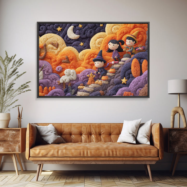 The Halloween Cloud Kingdom, Clay Halloween Art, Landscape Wall Art, Framed Canvas Print, Cute Halloween Wall Art