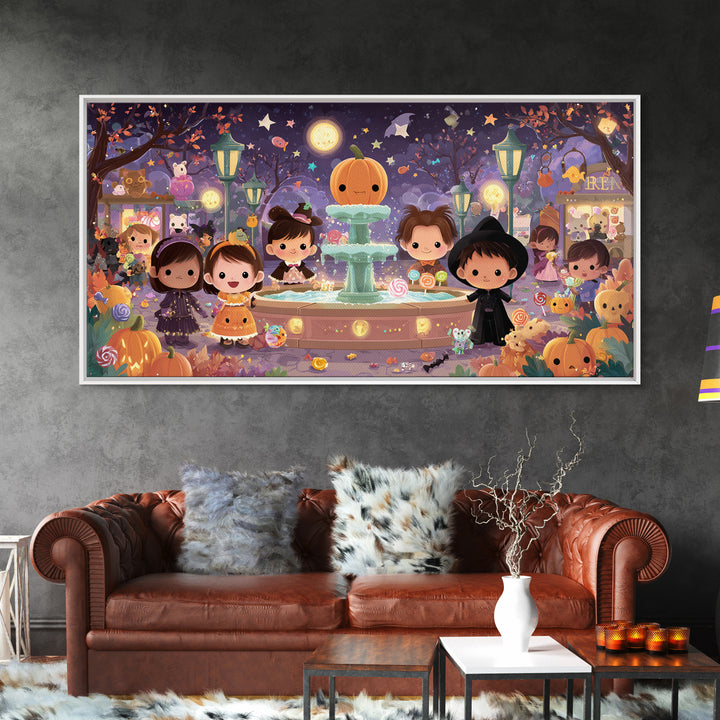 The Trick-Or-Treat Village Square, Kawaii Halloween Art, Wide Panoramic Art, Framed Canvas Print, Cute Halloween Wall Art