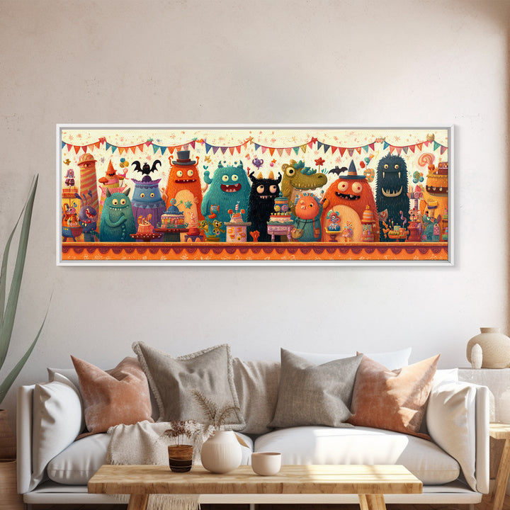 The Friendly Monster Market, Retro Halloween Art, Extra Wide Wall Art, Canvas Print, Cute Halloween Wall Art