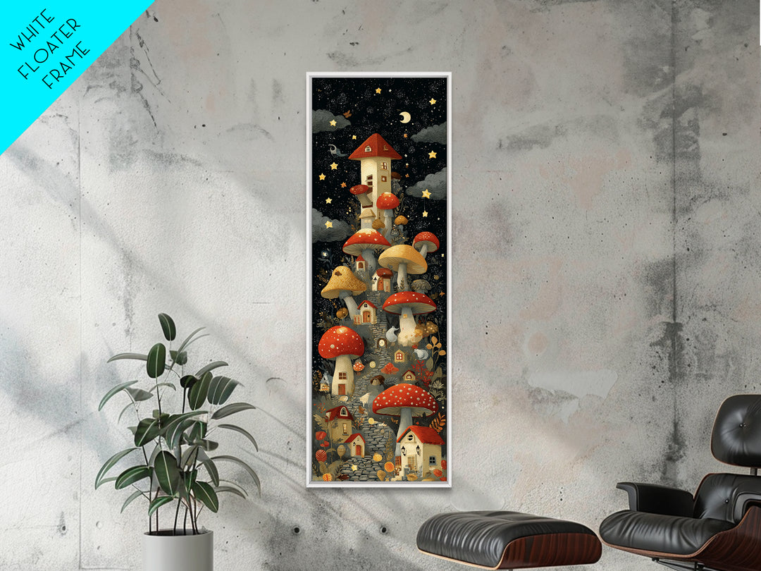 The Lantern-Lit Mushroom Village, Screenprint Halloween Art, Tall Narrow Wall Art, Framed Canvas Print, Cute Halloween Wall Art