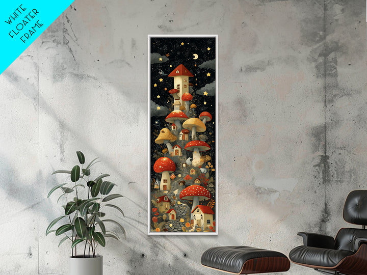 The Lantern-Lit Mushroom Village, Screenprint Halloween Art, Tall Narrow Wall Art, Framed Canvas Print, Cute Halloween Wall Art
