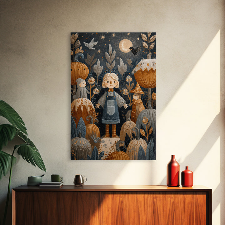 The Starry Pumpkin Farm, Folk Halloween Art, Vertical Wall Art, Canvas Print, Cute Halloween Wall Art