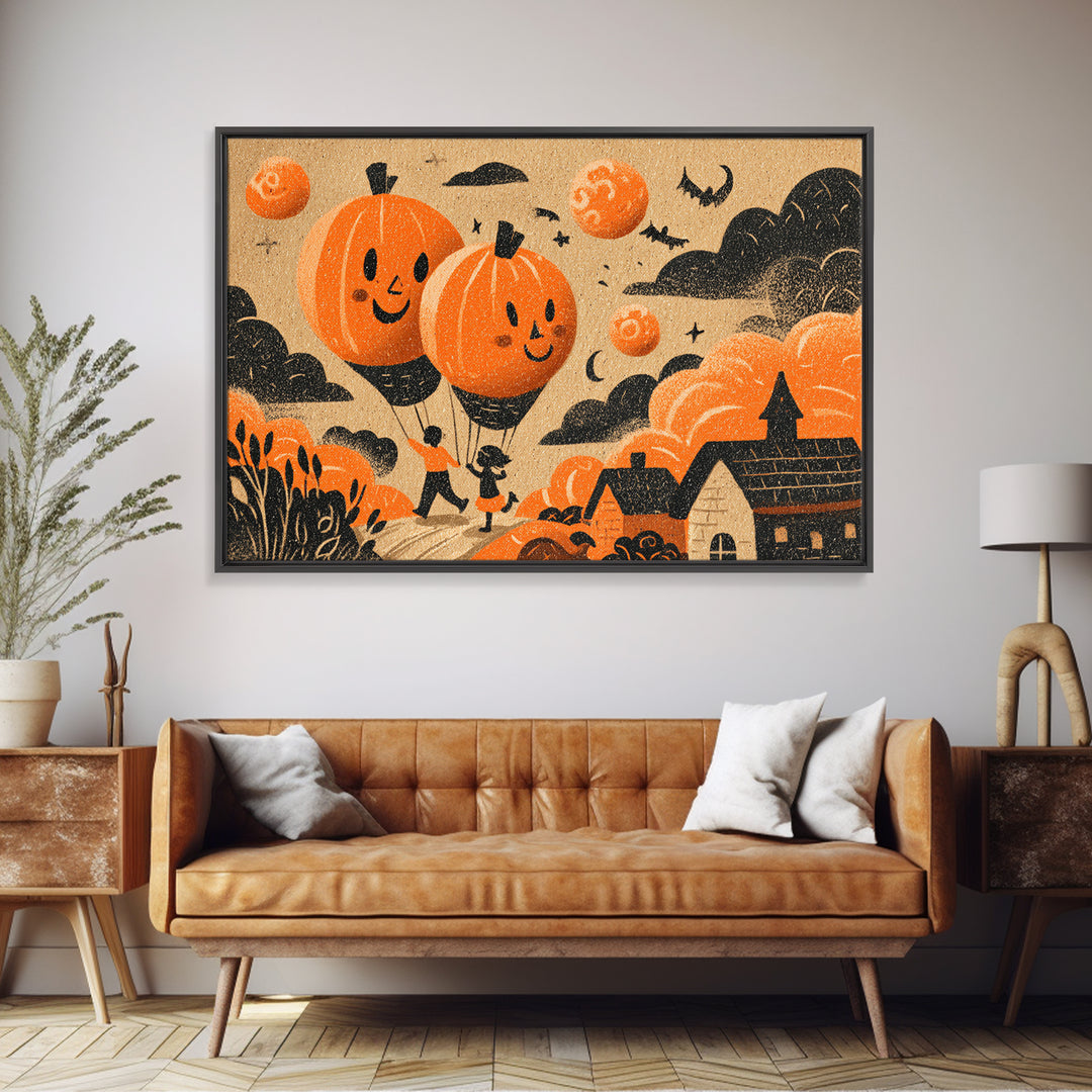The Pumpkin Balloon Parade, Linocut Halloween Art, Landscape Wall Art, Framed Canvas Print, Cute Halloween Wall Art