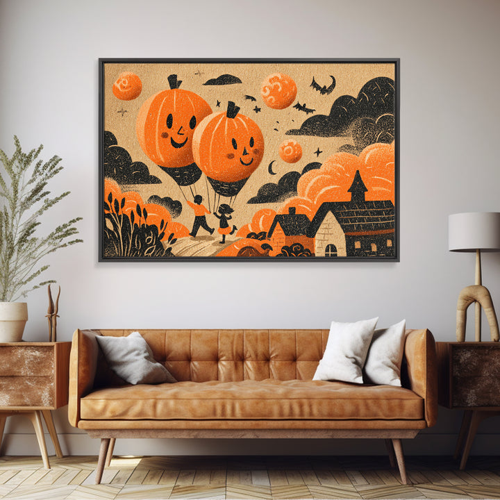 The Pumpkin Balloon Parade, Linocut Halloween Art, Landscape Wall Art, Framed Canvas Print, Cute Halloween Wall Art
