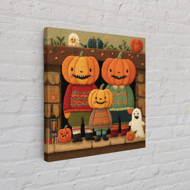 The Pumpkin Family Portrait, Embroidered Halloween Art, Square Wall Art, Canvas Print, Cute Halloween Wall Art