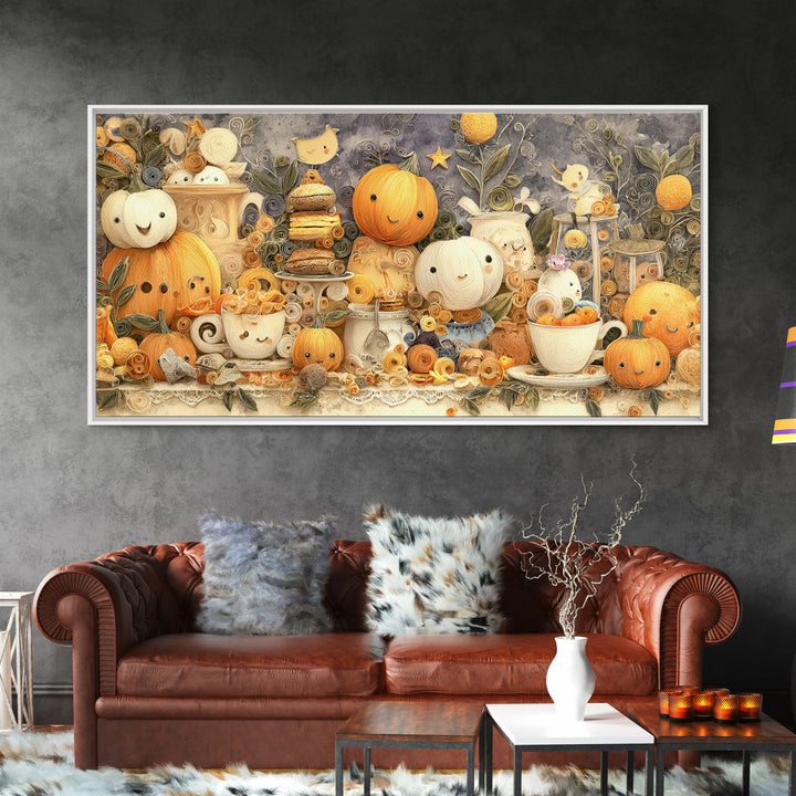 The Pumpkin Tea Party, Quilled Halloween Art, Wide Panoramic Art, Framed Canvas Print, Cute Halloween Wall Art