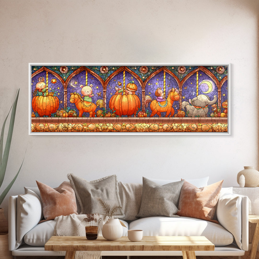 The Pumpkin Carousel, Stained Glass Halloween, Extra Wide Wall Art, Canvas Print, Cute Halloween Wall Art