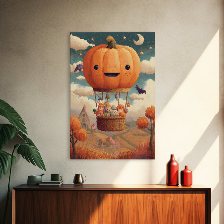 The Pumpkin Hot-Air Balloon, Pixel Halloween Art, Vertical Wall Art, Canvas Print, Cute Halloween Wall Art