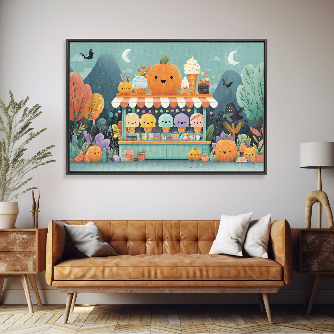 The Pumpkin Ice-Cream Stand, Vector Halloween Art, Landscape Wall Art, Framed Canvas Print, Cute Halloween Wall Art
