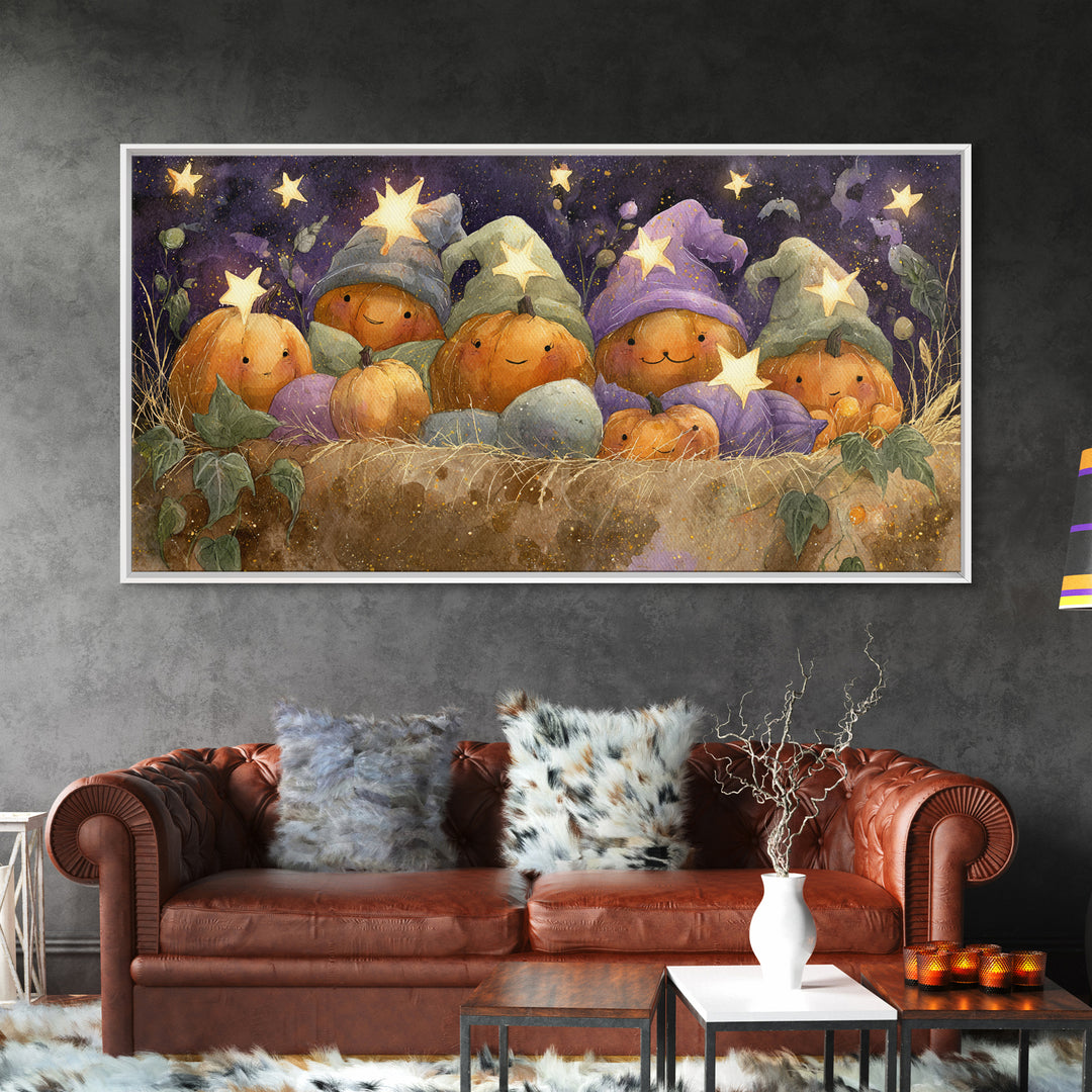 The Pumpkin Pajama Party, Watercolor Halloween Art, Wide Panoramic Art, Framed Canvas Print, Cute Halloween Wall Art