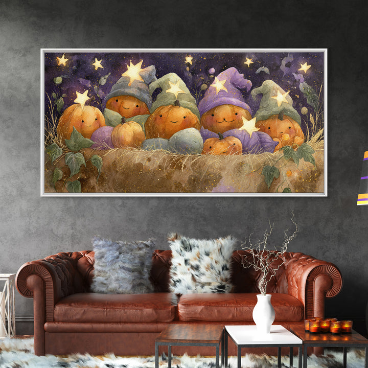 The Pumpkin Pajama Party, Watercolor Halloween Art, Wide Panoramic Art, Framed Canvas Print, Cute Halloween Wall Art