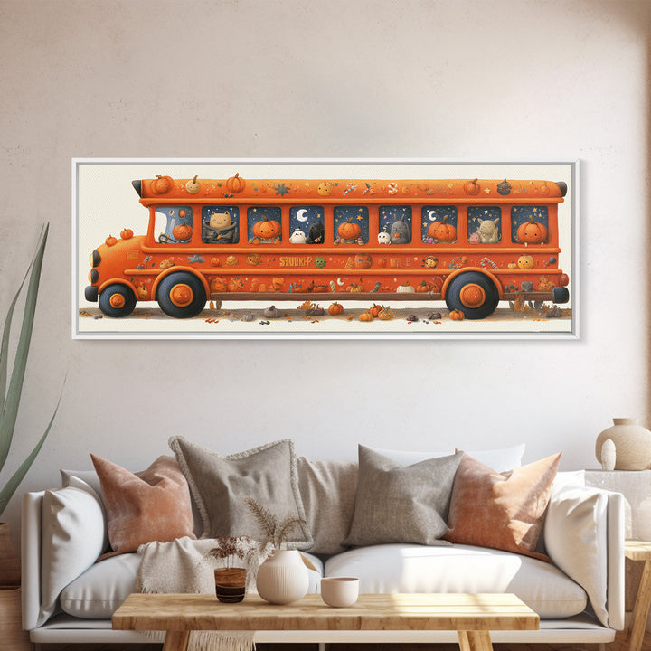 The Pumpkin School Bus, Gouache Halloween Art, Extra Wide Wall Art, Canvas Print, Cute Halloween Wall Art