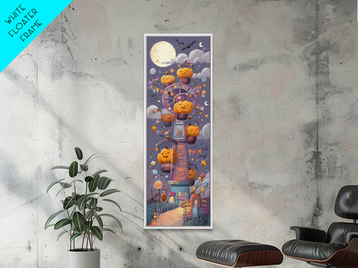 The Pumpkin Ferris Wheel, Crayon Halloween Art, Tall Narrow Wall Art, Framed Canvas Print, Cute Halloween Wall Art
