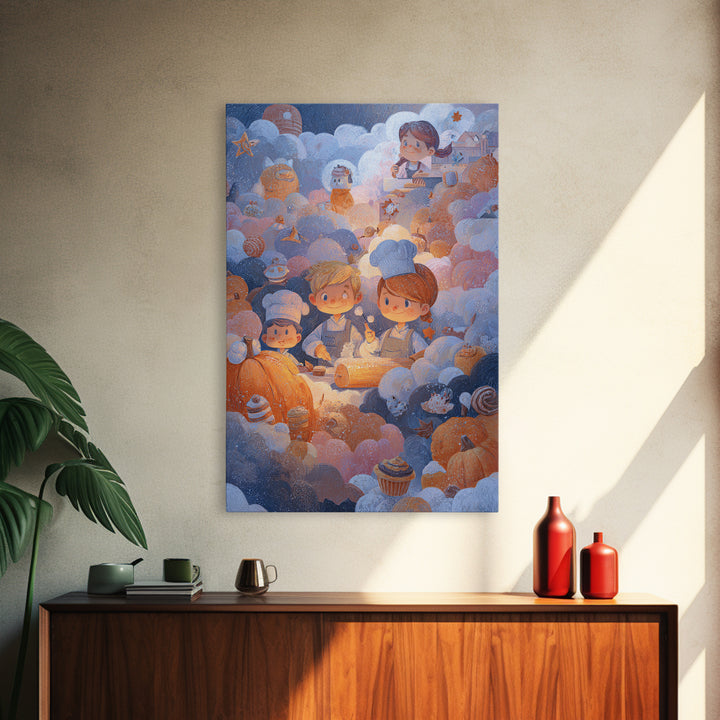 The Pumpkin Bakery, Pastel Halloween Art, Vertical Wall Art, Canvas Print, Cute Halloween Wall Art, Whimsical Nursery Decor