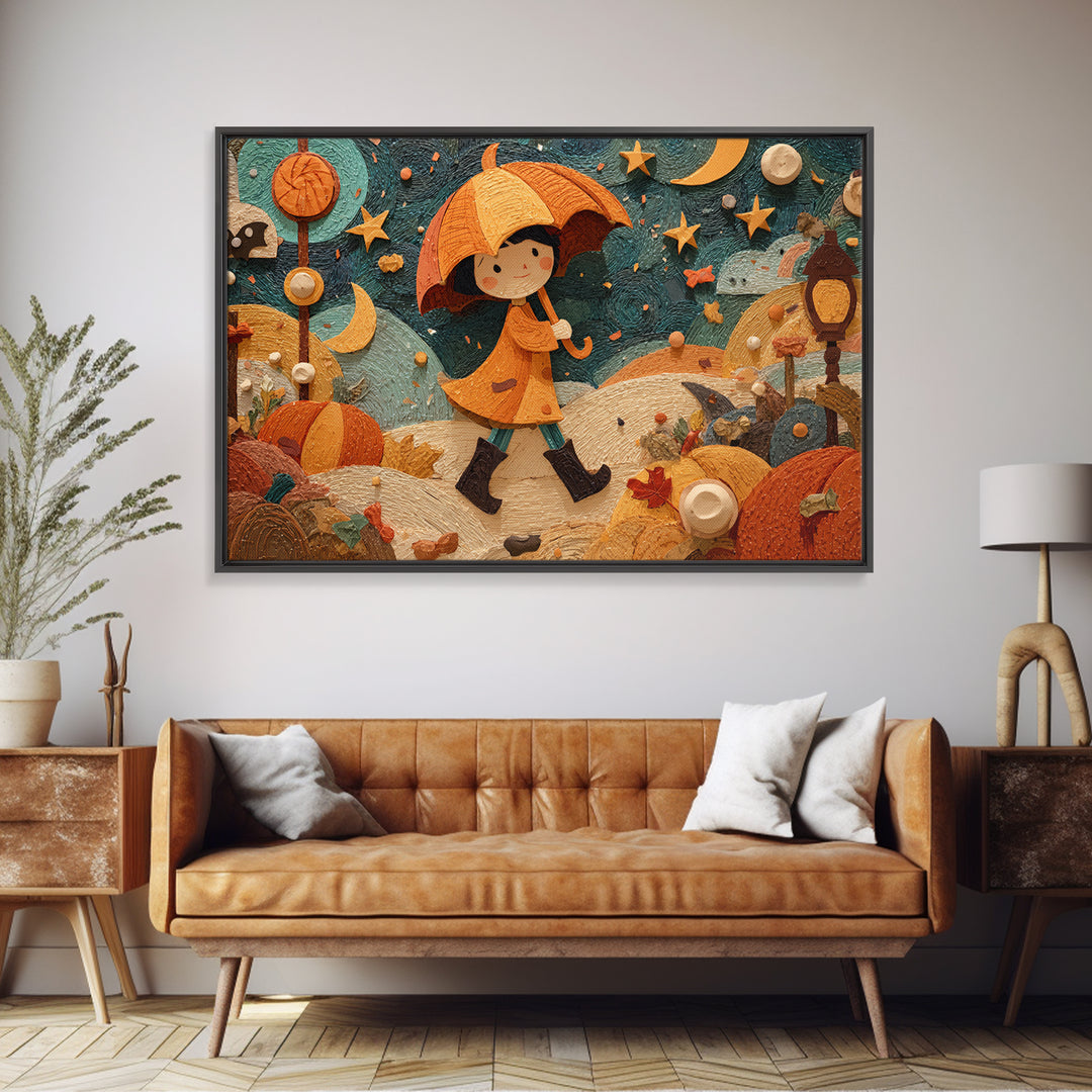 The Pumpkin Umbrella, Paper Collage Halloween, Landscape Wall Art, Framed Canvas Print, Cute Halloween Wall Art