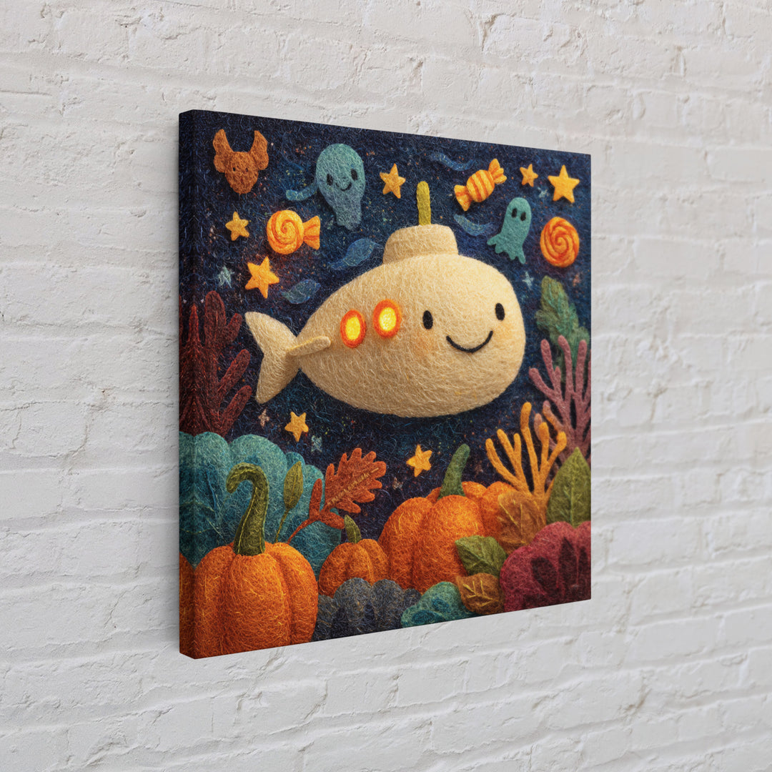 The Pumpkin Submarine, Felt Halloween Art, Square Wall Art, Canvas Print, Cute Halloween Wall Art, Halloween Kids Decor