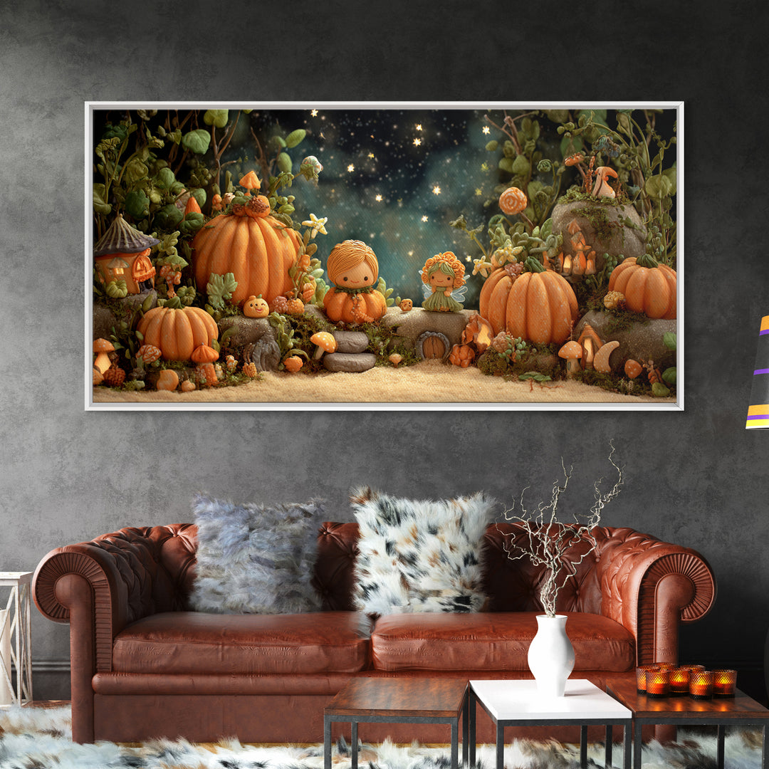 The Pumpkin Fairy Garden, Clay Halloween Art, Wide Panoramic Art, Framed Canvas Print, Cute Halloween Wall Art