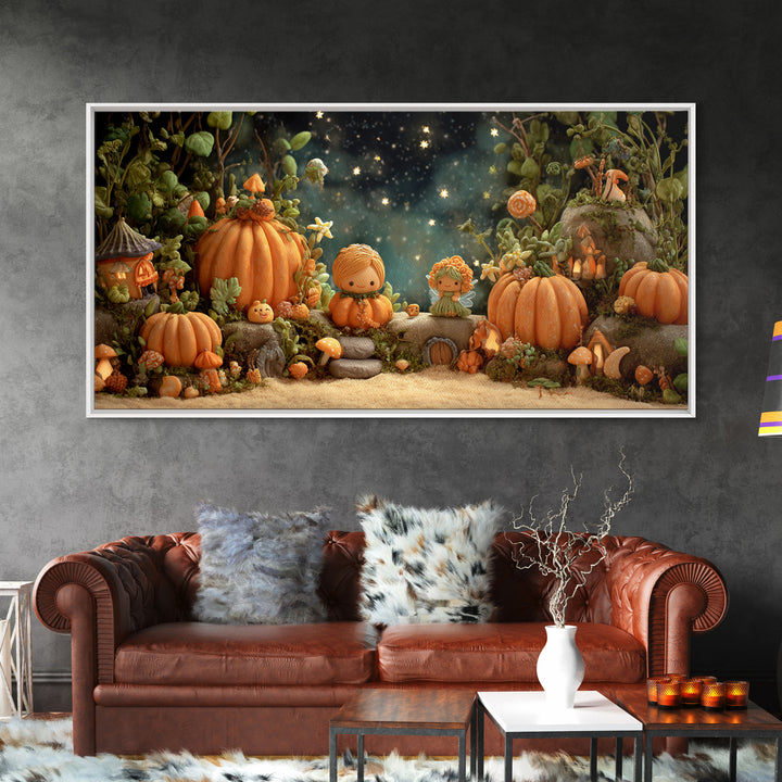 The Pumpkin Fairy Garden, Clay Halloween Art, Wide Panoramic Art, Framed Canvas Print, Cute Halloween Wall Art