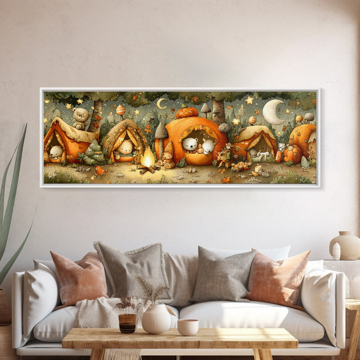 The Pumpkin Campout, Plush Halloween Art, Extra Wide Wall Art, Canvas Print, Cute Halloween Wall Art