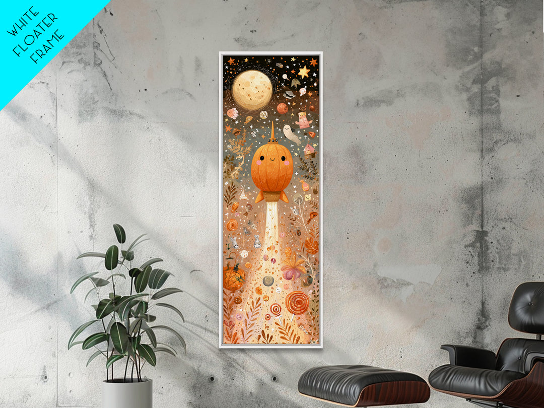 The Pumpkin Rocket Ship, Kawaii Halloween Art, Tall Narrow Wall Art, Framed Canvas Print, Cute Halloween Wall Art