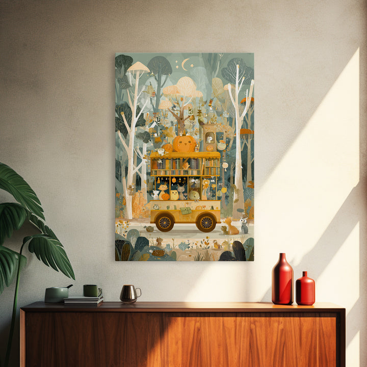 The Pumpkin Bookmobile, Retro Halloween Art, Vertical Wall Art, Canvas Print, Cute Halloween Wall Art