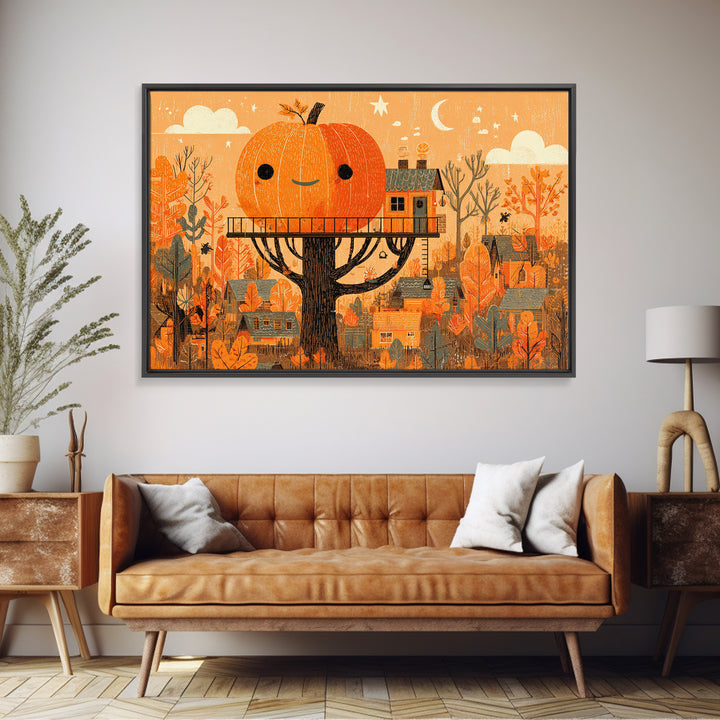 The Pumpkin Treehouse, Screenprint Halloween Art, Landscape Wall Art, Framed Canvas Print, Cute Halloween Wall Art