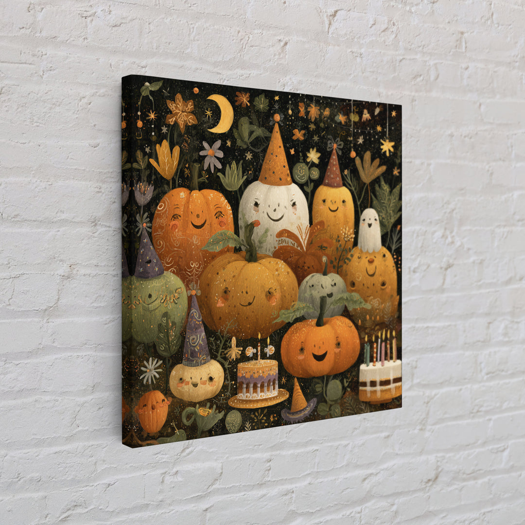 The Great Pumpkin Birthday Party, Folk Halloween Art, Square Wall Art, Canvas Print, Cute Halloween Wall Art