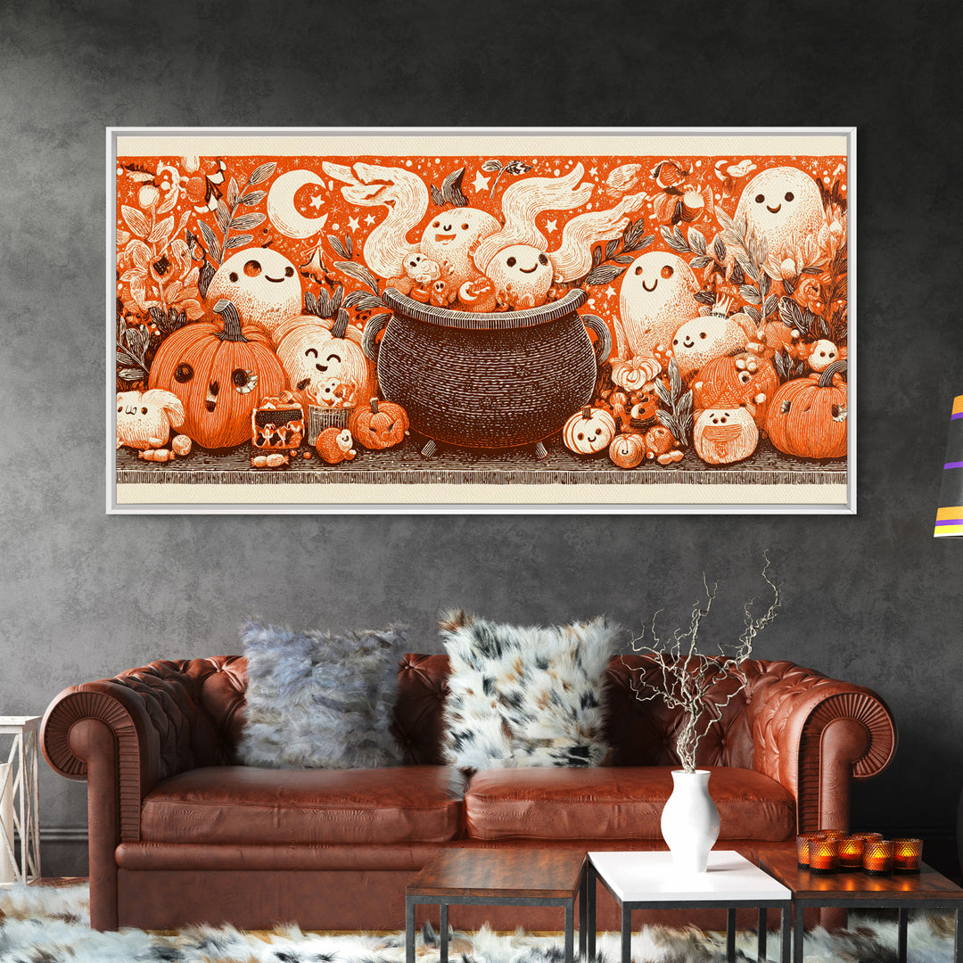 The Cookie Cauldron, Linocut Halloween Art, Wide Panoramic Art, Framed Canvas Print, Cute Halloween Wall Art