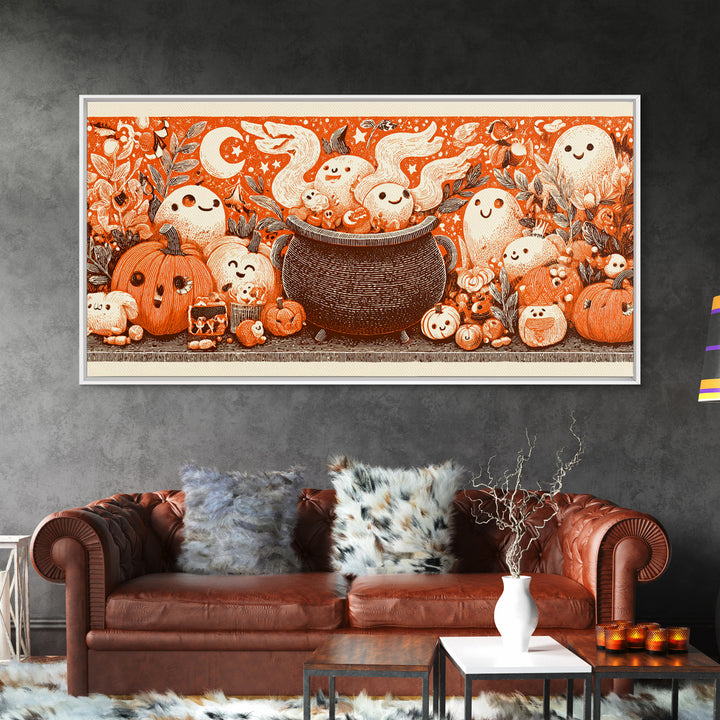 The Cookie Cauldron, Linocut Halloween Art, Wide Panoramic Art, Framed Canvas Print, Cute Halloween Wall Art