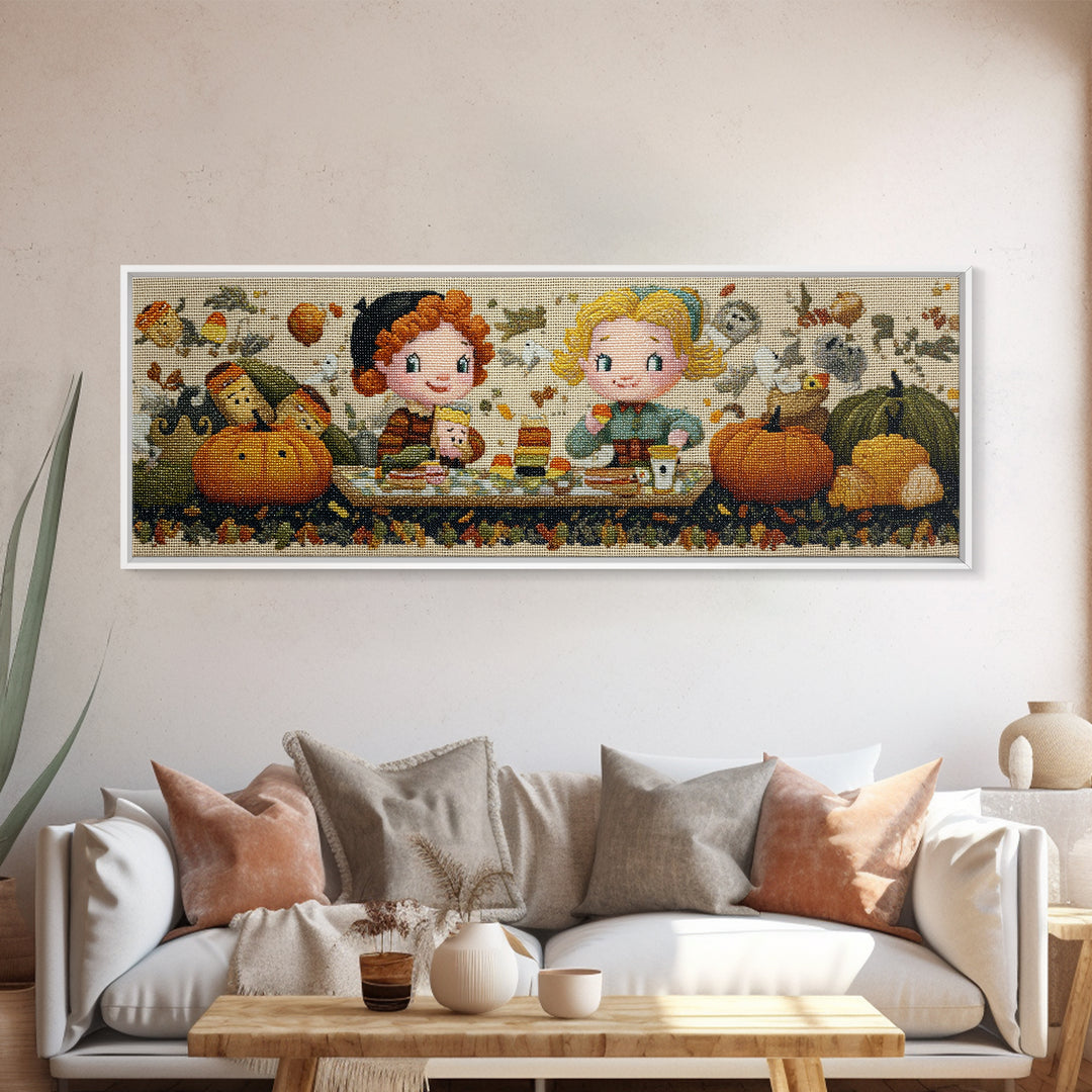 The Candy Corn Picnic, Embroidered Halloween Art, Extra Wide Wall Art, Canvas Print, Cute Halloween Wall Art