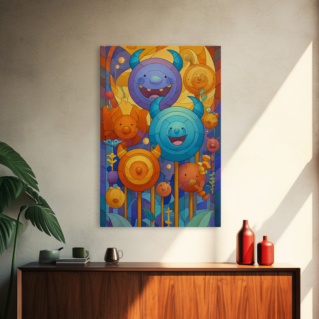 The Friendly Lollipop Monsters, Stained Glass Halloween, Vertical Wall Art, Canvas Print, Cute Halloween Wall Art