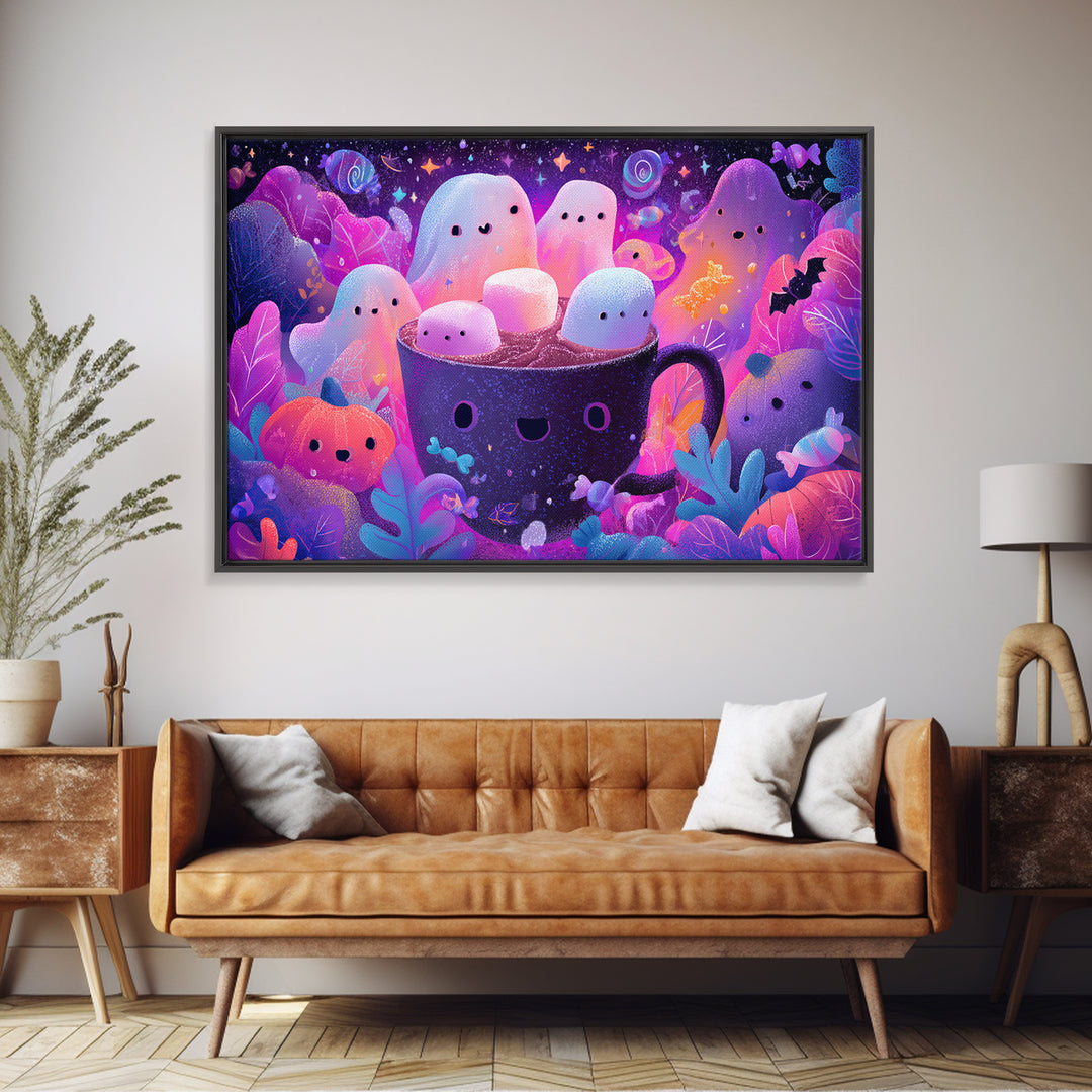 The Marshmallow Ghost Choir, Vaporwave Halloween Art, Landscape Wall Art, Framed Canvas Print, Cute Halloween Wall Art