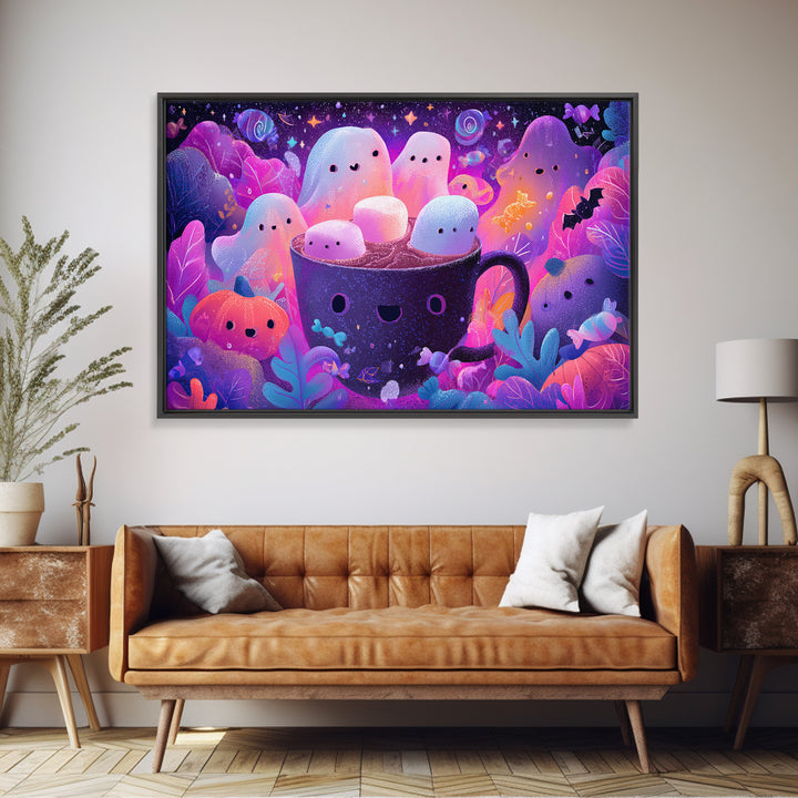The Marshmallow Ghost Choir, Vaporwave Halloween Art, Landscape Wall Art, Framed Canvas Print, Cute Halloween Wall Art
