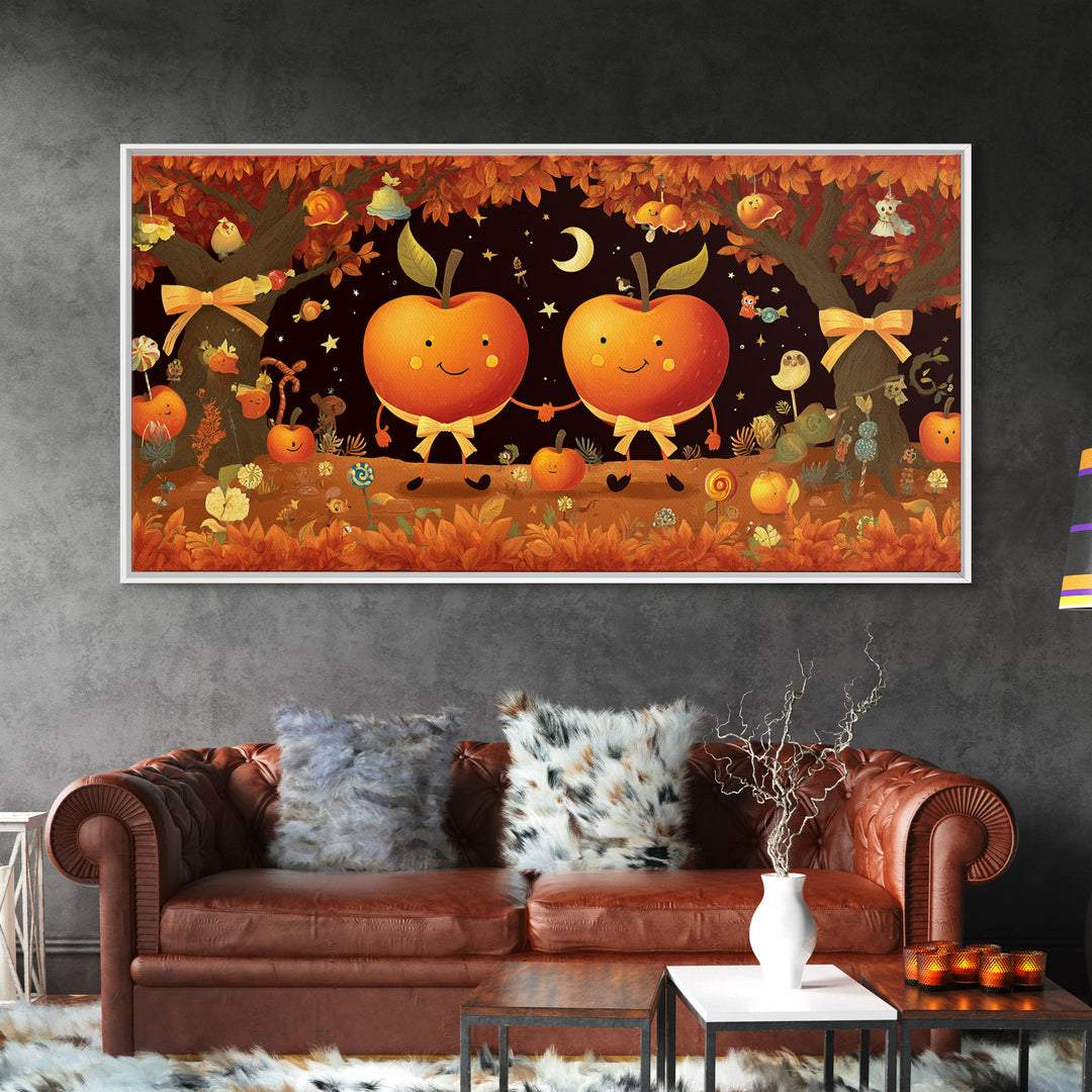 The Caramel Apple Friends, Vector Halloween Art, Wide Panoramic Art, Framed Canvas Print, Cute Halloween Wall Art