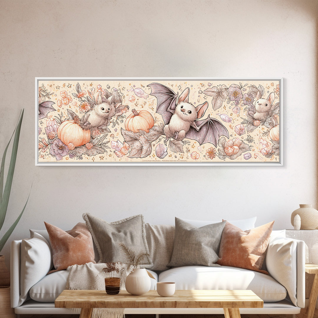 The Gummy Bat Garden, Hand Sketch Halloween Art, Extra Wide Wall Art, Canvas Print, Cute Halloween Wall Art