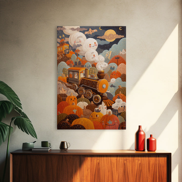 The Chocolate Pumpkin Train, Gouache Halloween Art, Vertical Wall Art, Canvas Print, Cute Halloween Wall Art