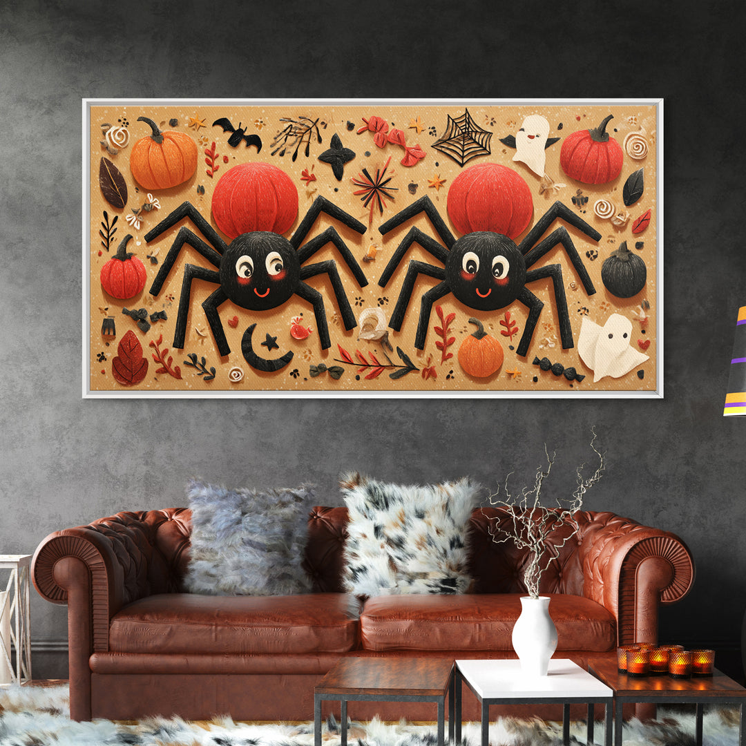 The Licorice Spider Family, Paper Collage Halloween, Wide Panoramic Art, Framed Canvas Print, Cute Halloween Wall Art